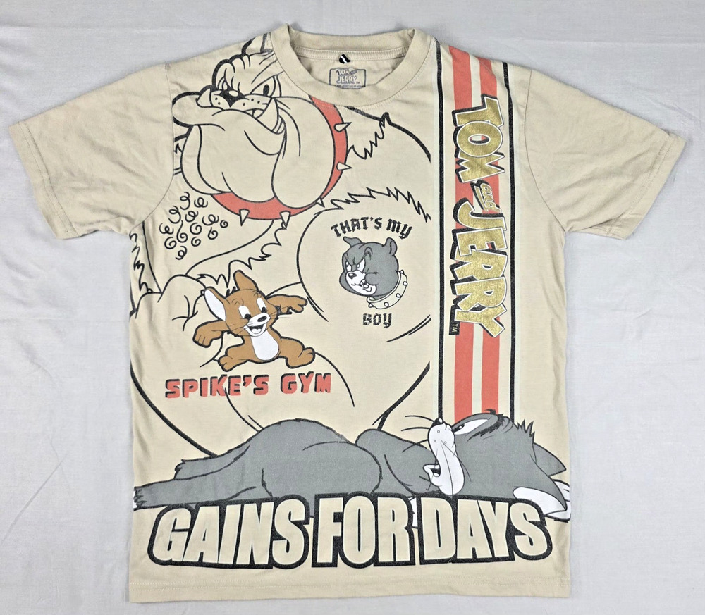 Tom and Jerry Spike s Gym T-Shirt Youth Large L 14-16 Gains For Days Tan